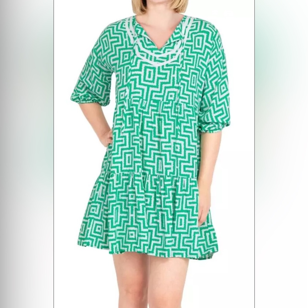 Ruby Rd. Womens Green 3/4 Sleeve Short Shift Dress Size Med Boho Tropical NWT!